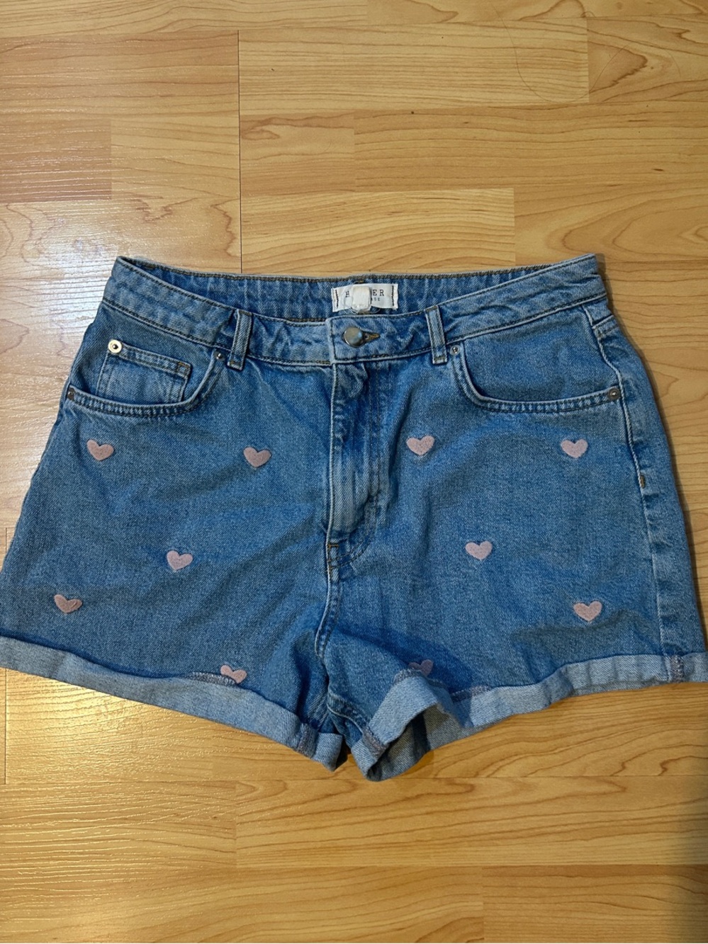 High-Rise Light Blue Denim Shorts with Pink Heart Embroidery